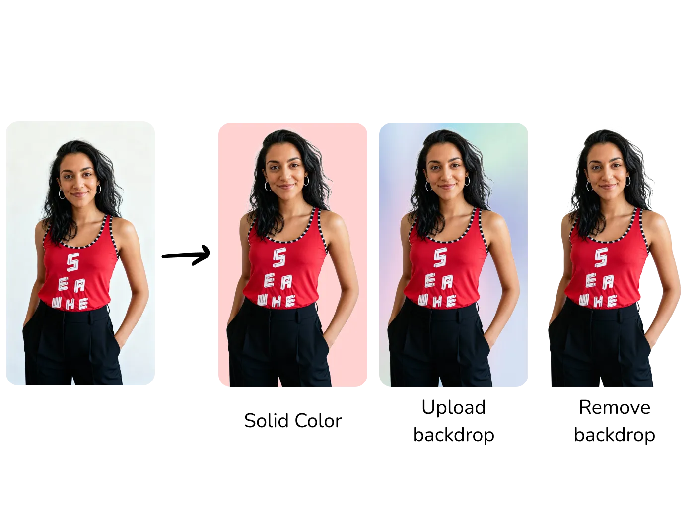 AI fashion model with backdrop manipulator showing solid color, custom upload, and transparent background options