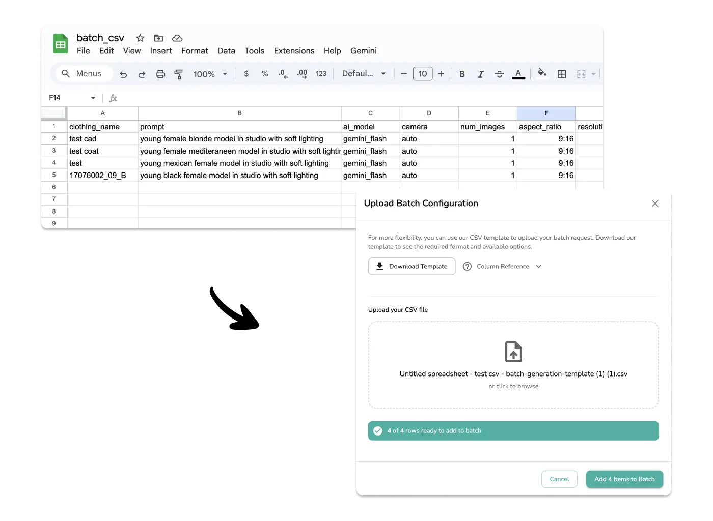 CSV spreadsheet with batch generation configuration being uploaded to Uwear platform showing clothing names, prompts, and AI model settings
