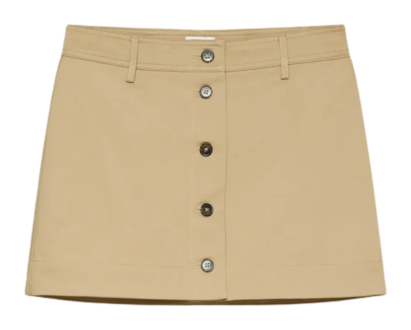 Product photo of a khaki cotton-twill button-front mini skirt, the reference uploaded to Uwear