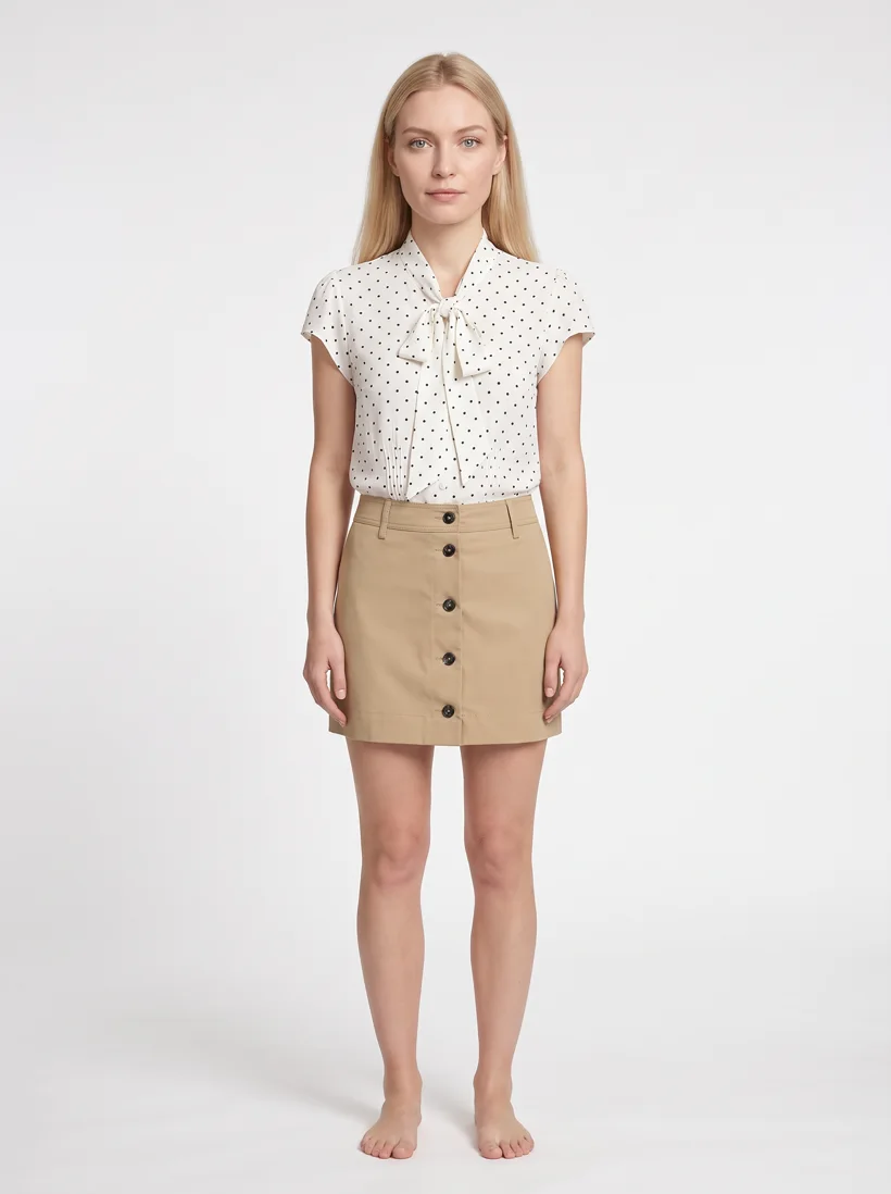 Listing photo of a saved model wearing a polka-dot tie-neck blouse tucked into a khaki button-front mini skirt on a white studio background, generated with Gemini Pro