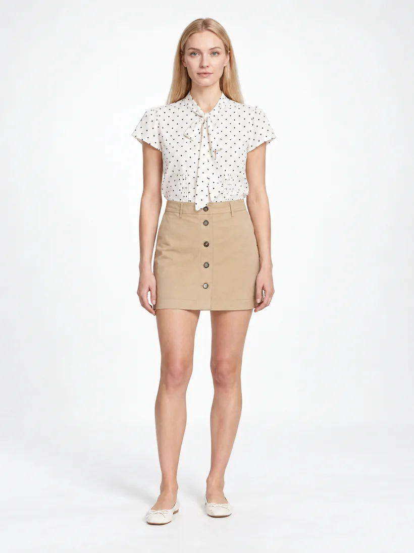 Listing photo of the saved model in the polka-dot blouse and khaki skirt generated with GPT Image 2.5 High, with ballet flats added by the model