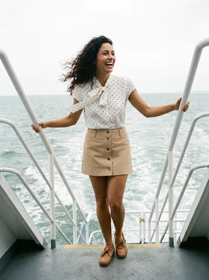 Model in a polka-dot tie-neck blouse and khaki button mini skirt and boat shoes laughing on a ferry deck, no second person in the frame, generated with Gemini Pro from the ferry art direction
