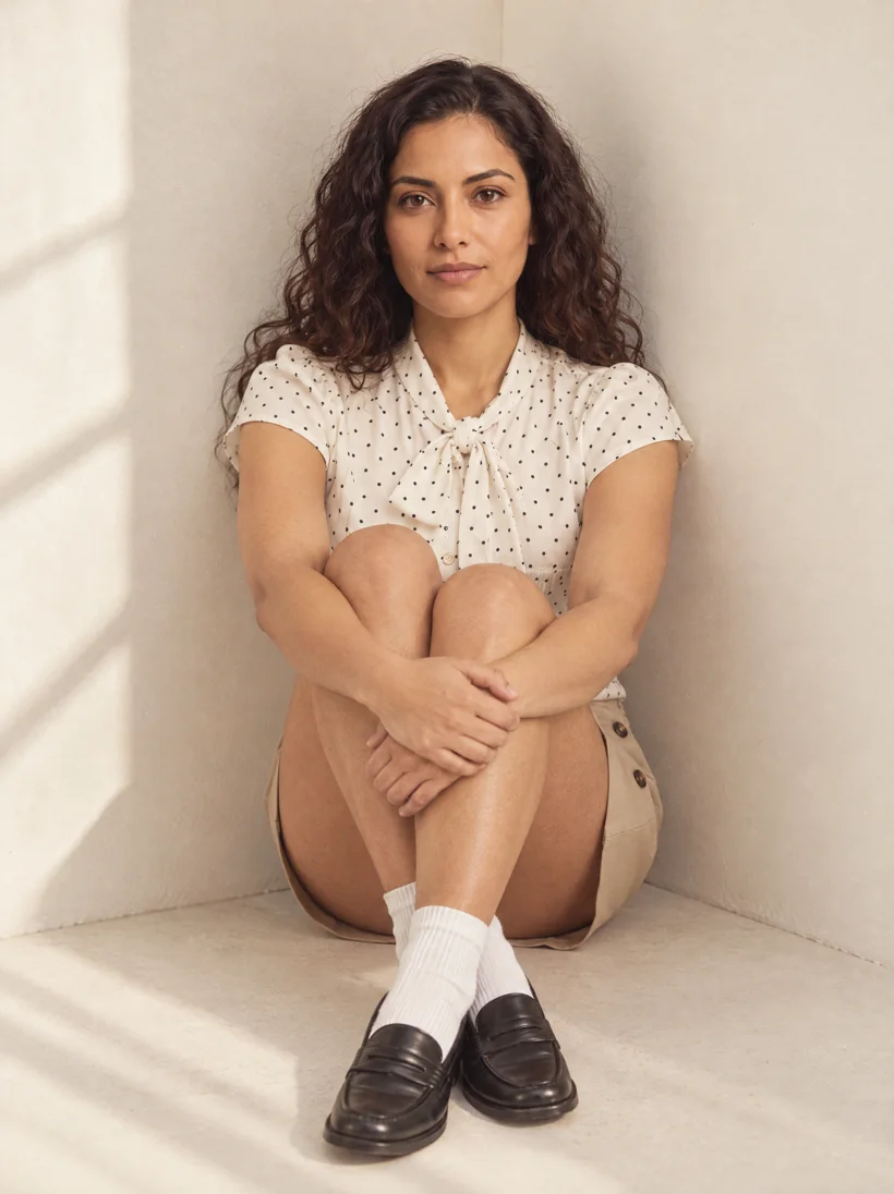 Model in a polka-dot tie-neck blouse and khaki button mini skirt seated in the corner of a bone paper set with her knees together, white socks and loafers, a moment drawn from the art direction, generated with GPT Image 2.5