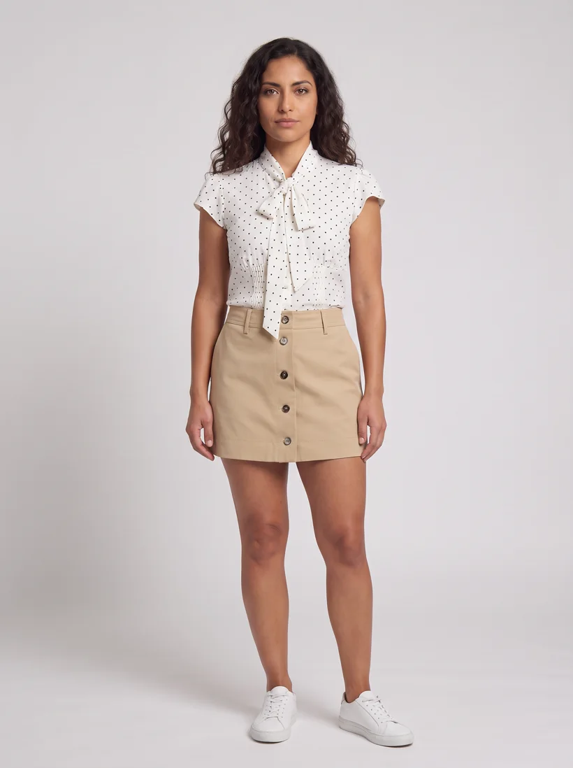 Model in a polka-dot tie-neck blouse and khaki button mini skirt on a light-grey seamless, generated with Gemini Pro from a one-line studio prompt with no art direction