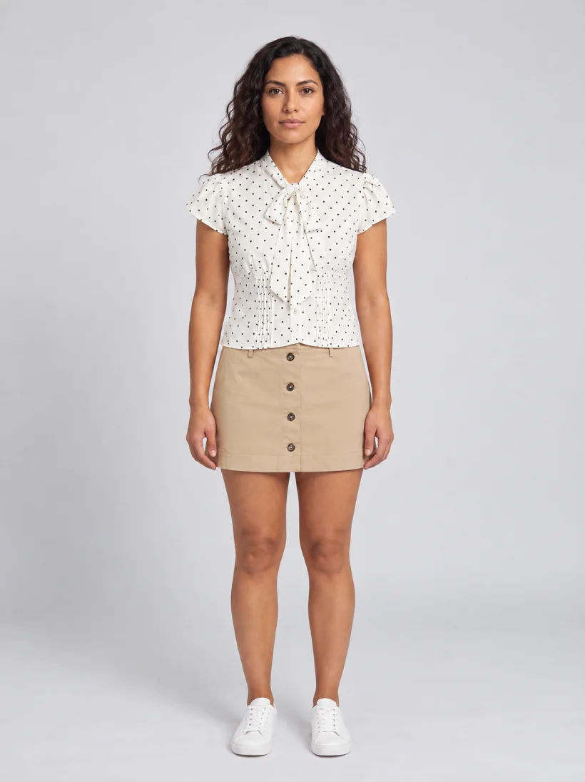 Model in a polka-dot tie-neck blouse and khaki button mini skirt on a light-grey seamless, generated with GPT Image 2.5 from the same one-line studio prompt with no art direction