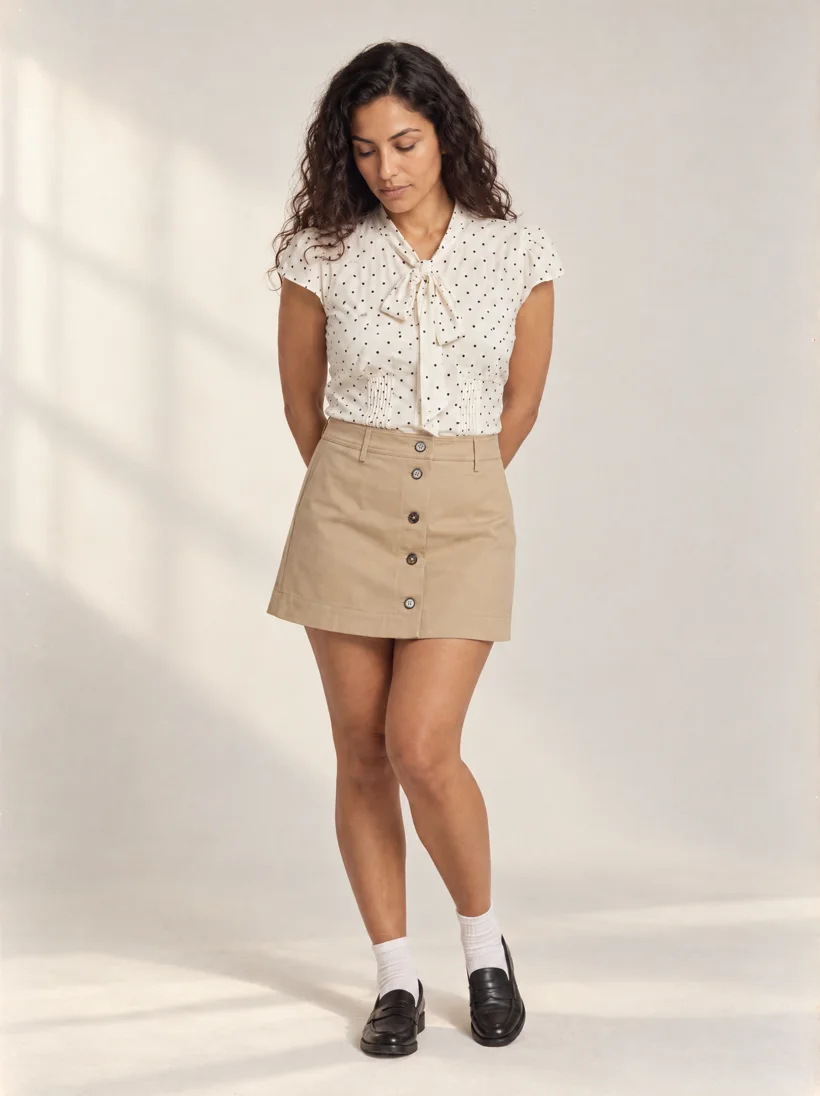 Model in a polka-dot tie-neck blouse and khaki button mini skirt, white socks and loafers in soft window light on warm bone paper, generated with GPT Image 2.5 and a Uwear art direction