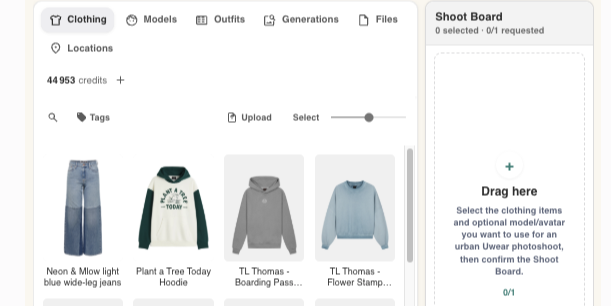The Uwear MCP app inside an AI chat, showing the clothing library and Shoot Board used to set up a photoshoot