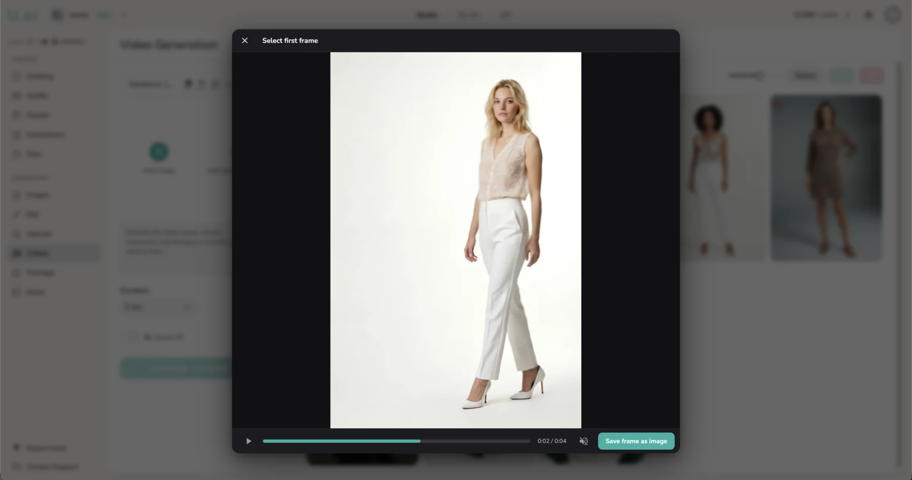 Interface de vídeo Studio para salvar um frame de um clipe gerado