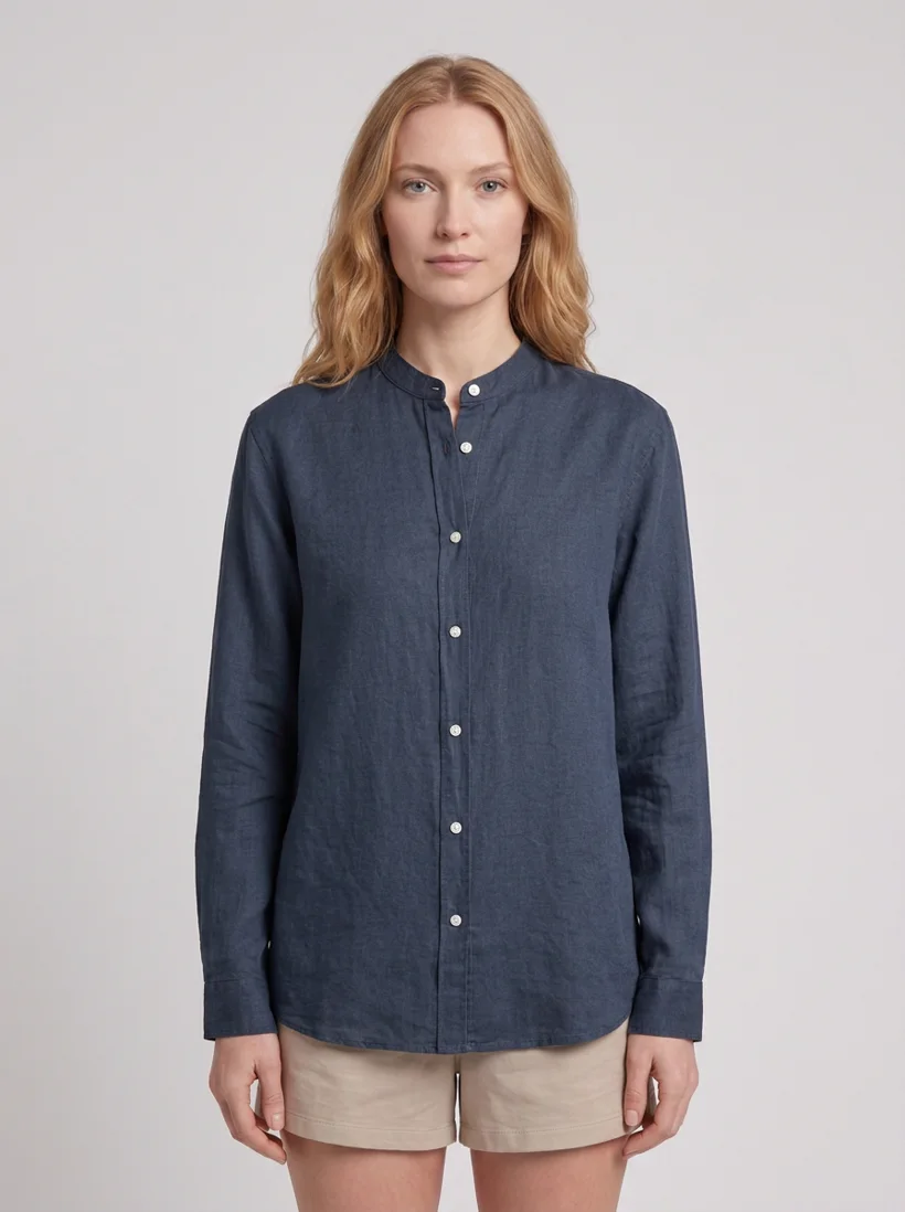 Upper-body detail of the linen shirt on the same model, generated with Gemini Flash 2