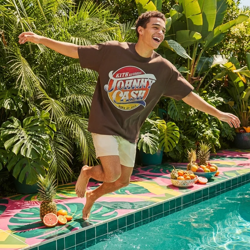 Lifestyle shot of the tagged tee, a model jumping by the pool, generated with Gemini Flash 2 Lite