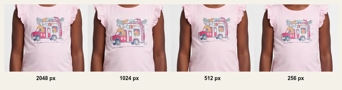 Gemini Pro 2K output crops generated from 2048, 1024, 512, and 256 pixel references, showing progressive changes to the small illustrated print