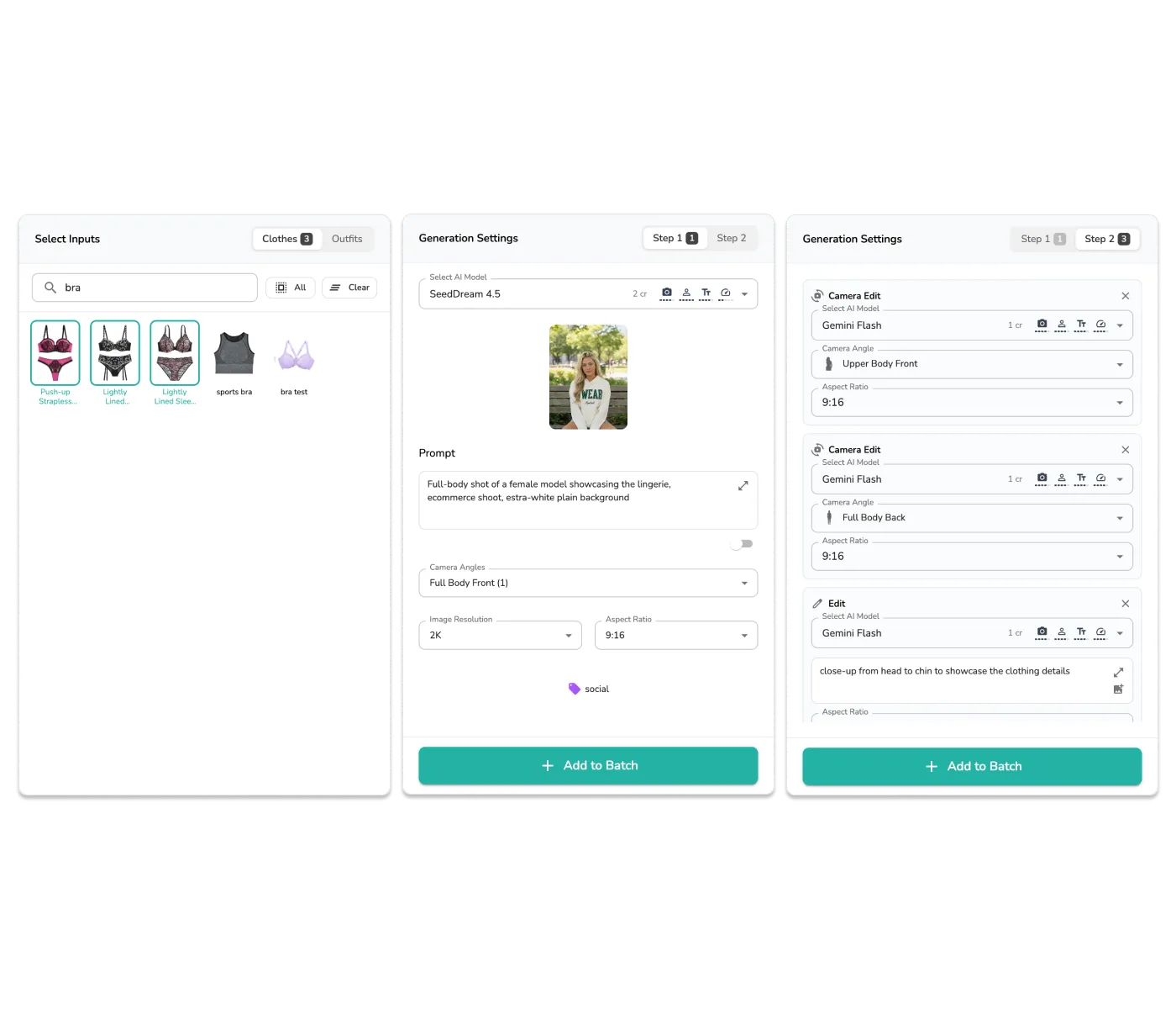 Uwear Batch Generation interface showing multiple bra products queued with identical generation settings — select inputs, generation prompts, and Step 2 edit pipeline with camera angles and video
