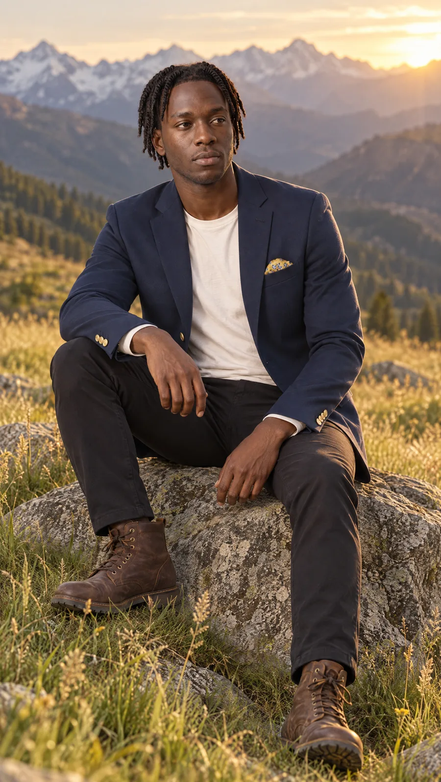 The saved model sitting on a rock in a mountain meadow at golden hour, wearing a navy blazer over a white T-shirt with black trousers and brown leather boots, generated on Uwear