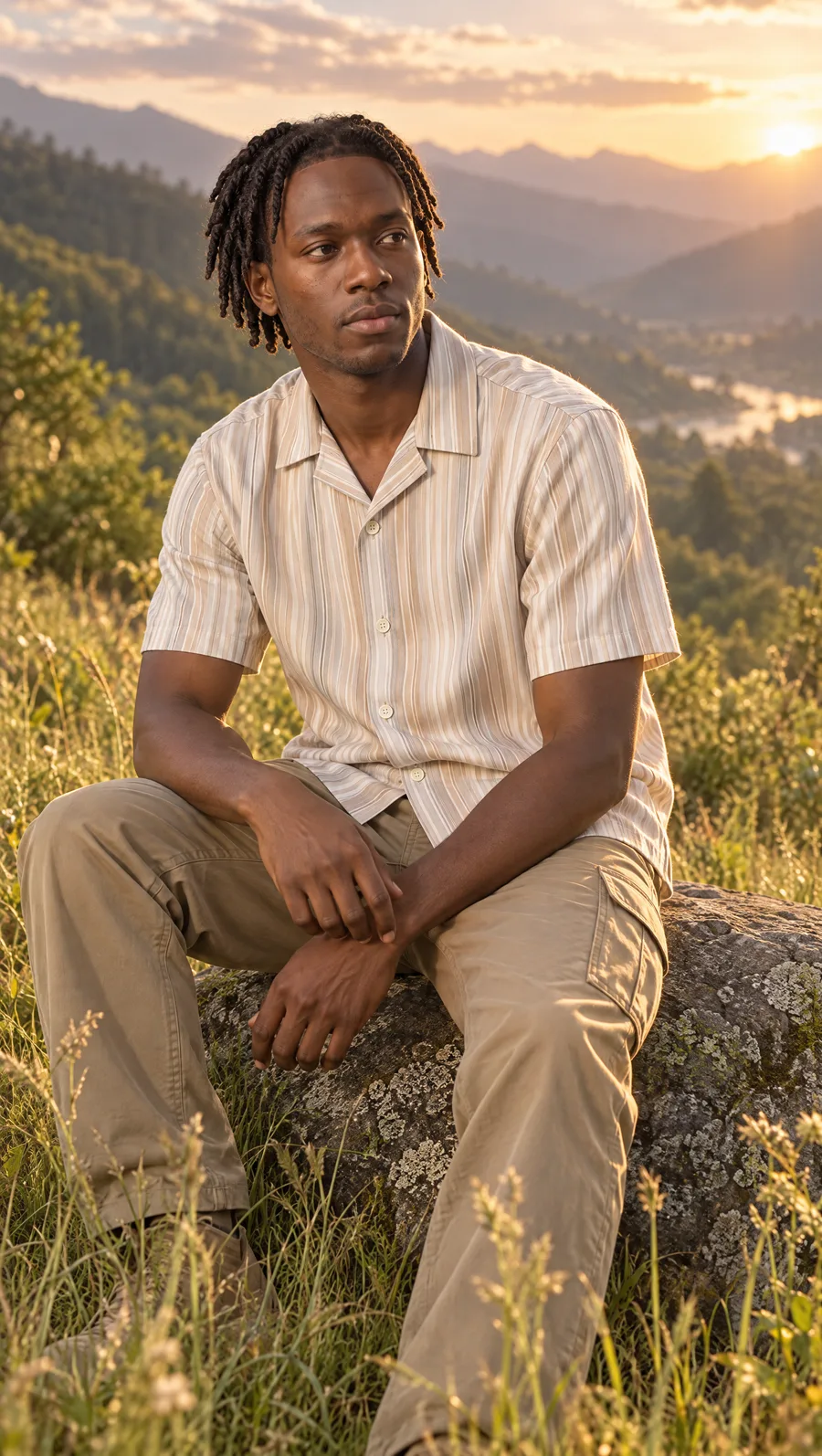 The same saved model sitting on a rock in the same mountain meadow at golden hour, wearing a striped camp-collar shirt with khaki cargo trousers, generated on Uwear
