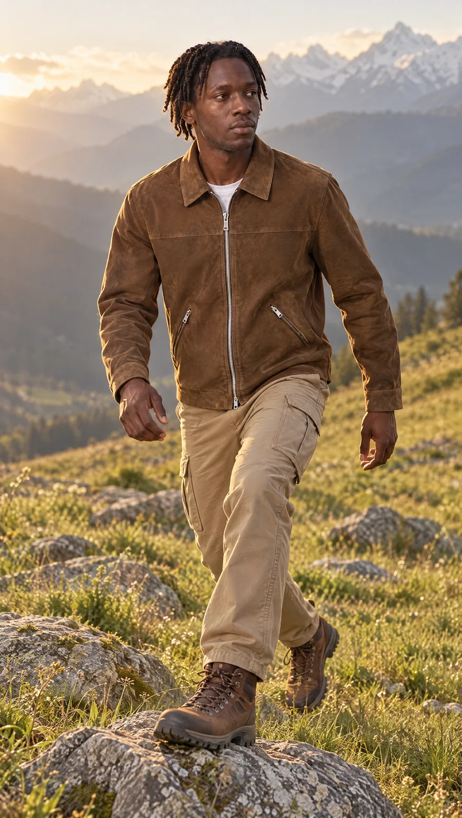 The same saved model walking across the same mountain meadow at golden hour, wearing a brown suede zip jacket over a white T-shirt with khaki cargo trousers and hiking boots, generated on Uwear