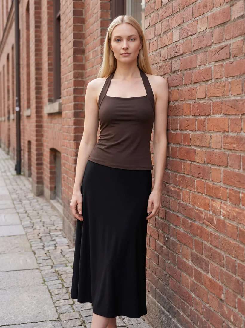 Rejected first take of look 2: the saved model wearing the chocolate halter top with the black skirt rendered ankle-length instead of knee-length, generated with Gemini Pro
