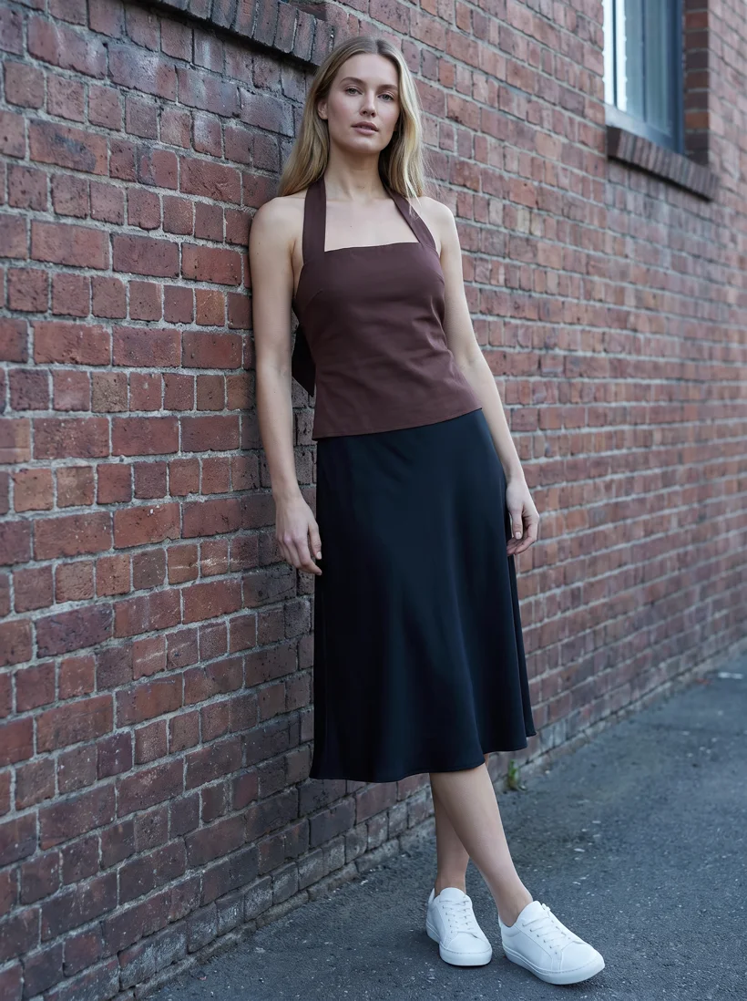 Look 2: the same saved model wearing a chocolate bow halter top and a black knee-length skirt with white sneakers leaning on a brick wall, generated with Gemini Pro