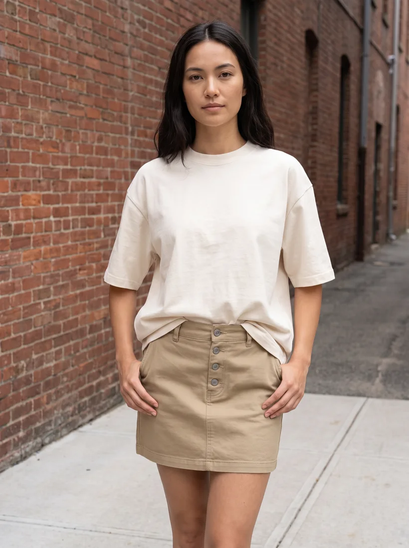 Rejected first take of look 3: a dark-haired woman instead of the blonde saved model, wearing the heavyweight tee and khaki skirt on a brick street, generated with Gemini Pro