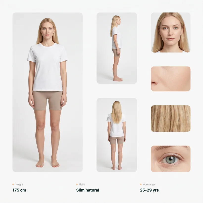 The saved model reference used for every photo on this page: a blonde woman in a plain white tee on a neutral studio background