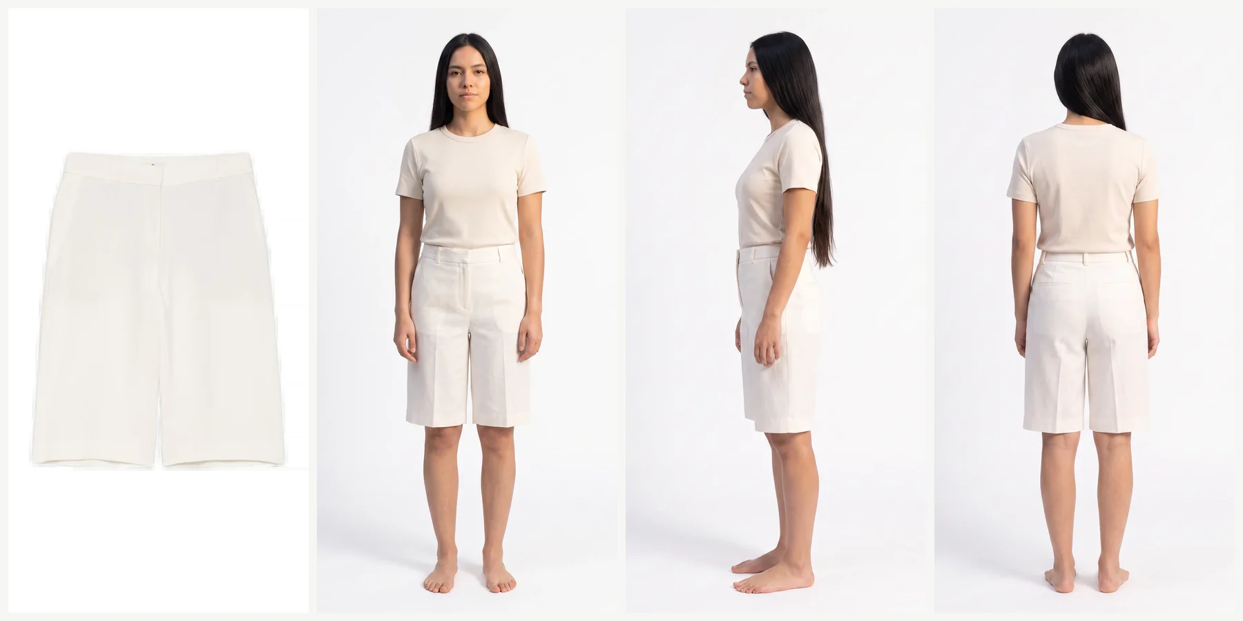 A ghost-mannequin photo of cream tailored knee-length shorts, then the same shorts worn by a model from the front, the side and the back on a white studio backdrop, generated by Uwear