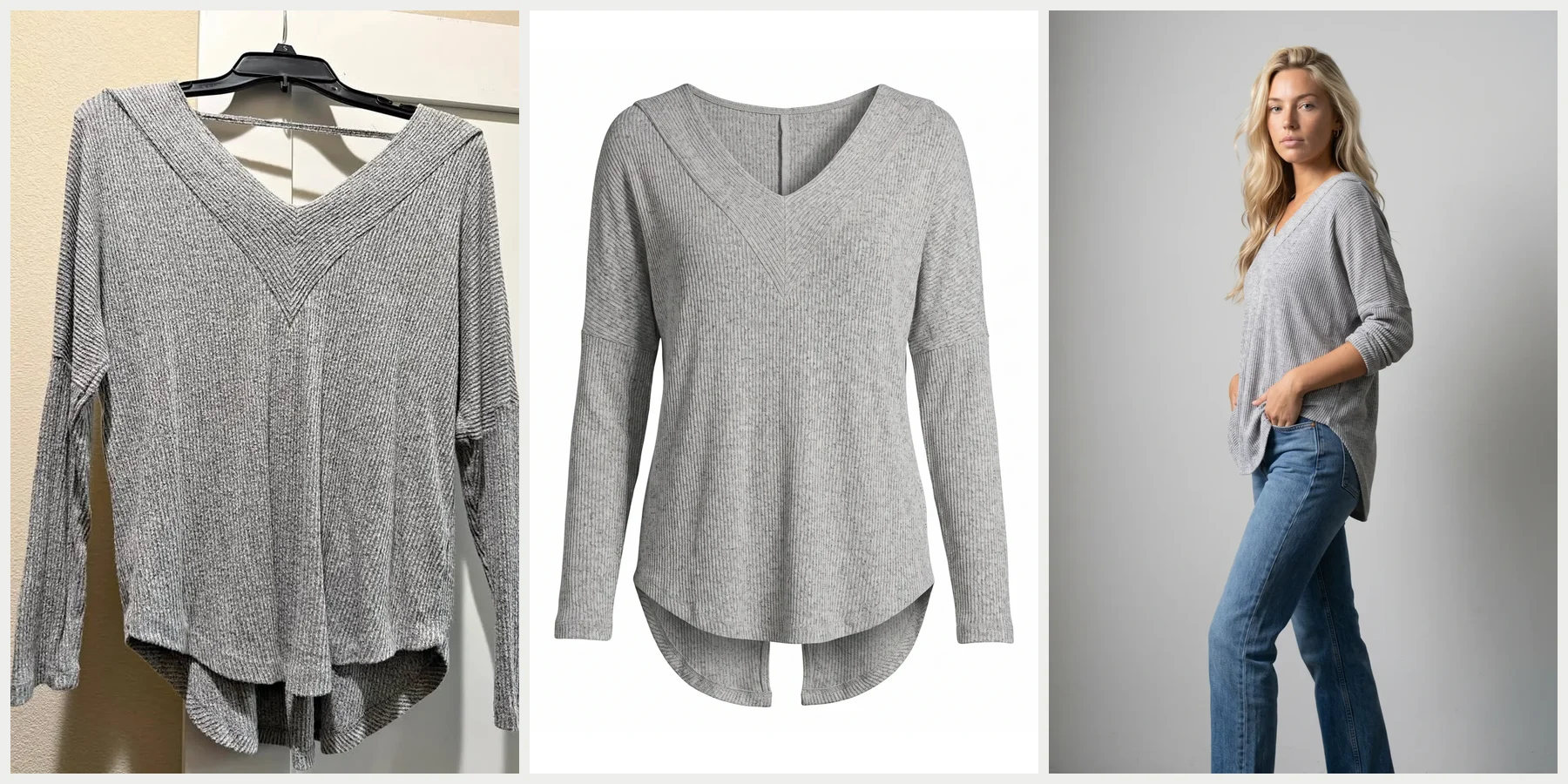 Three photos of one grey ribbed V-neck top: a phone photo of it on a hanger, a clean ghost-mannequin style packshot on white, and the same top worn by a model with jeans, both generated by Uwear from the hanger photo