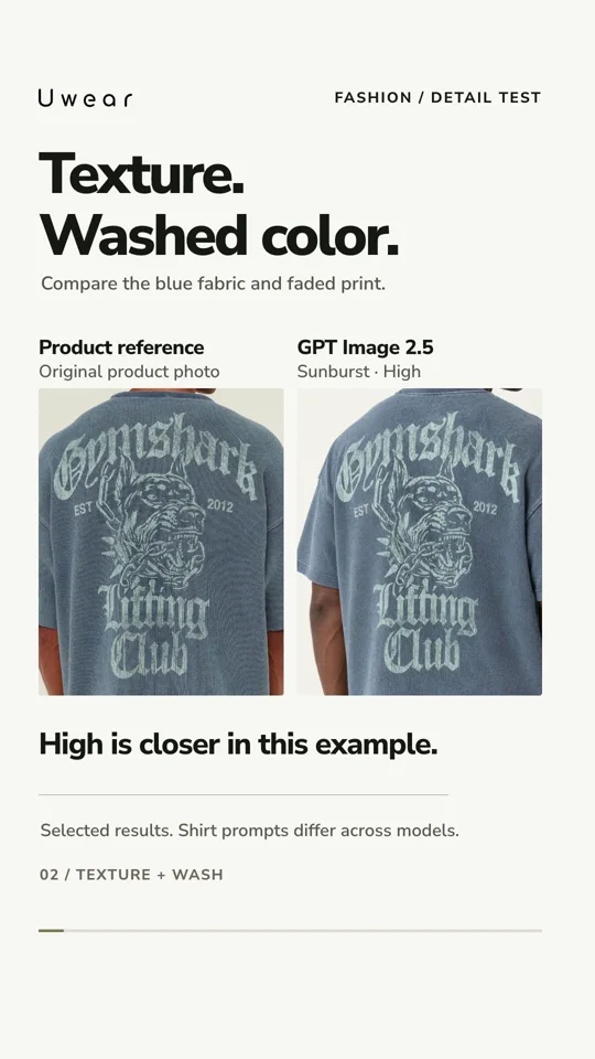 Uwear comparison of a blue Gymshark T-shirt product reference beside an image generated with GPT Image 2.5 High, showing fabric texture and the faded back print