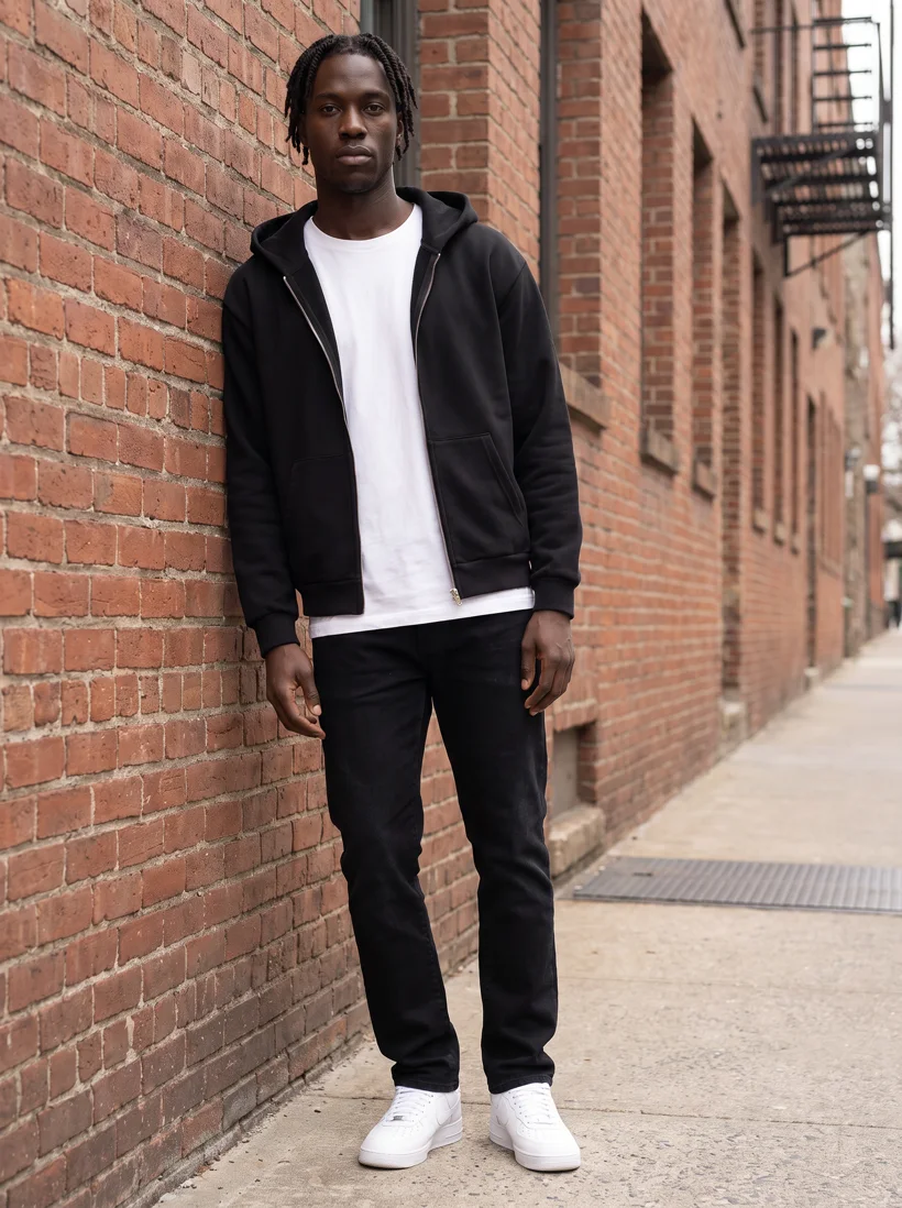 Campaign photo of a saved model wearing a black zip-up hoodie open over a white heavyweight tee against a brick wall, generated with Gemini Pro from two product photos