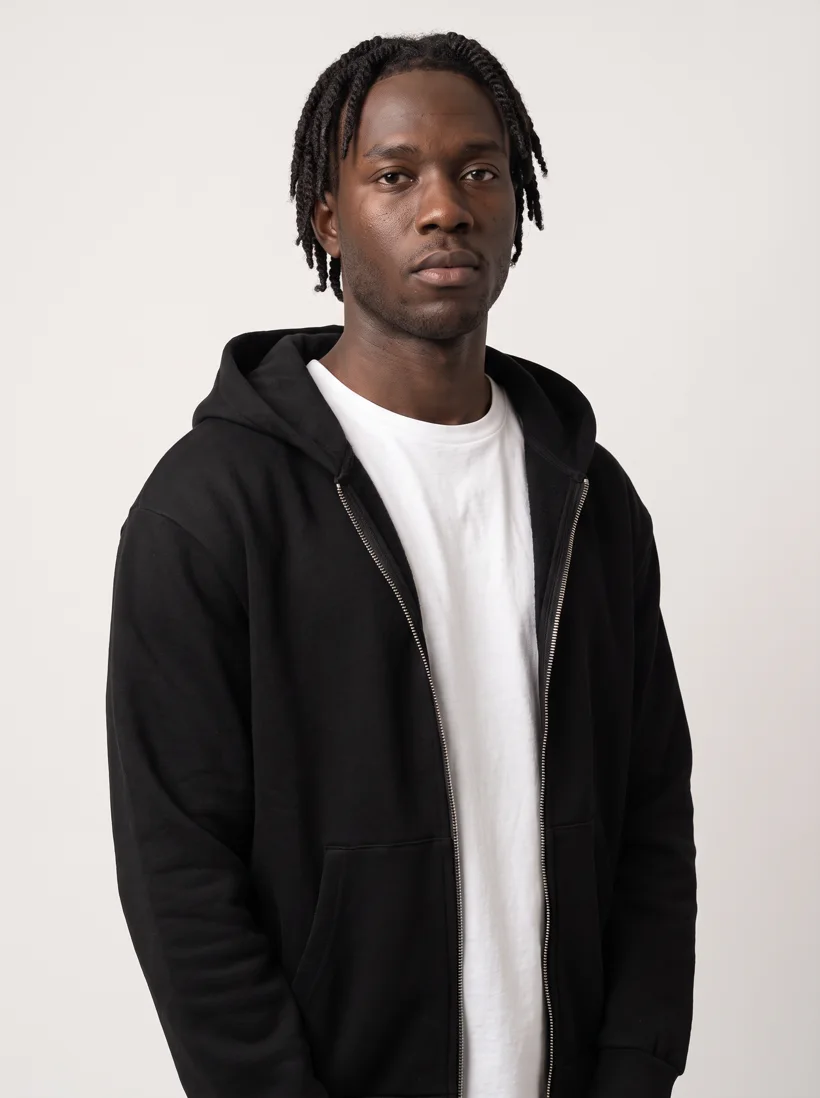 Upper-body detail photo of the same saved model showing the hoodie zipper and the tee rib neckband, generated with Gemini Pro