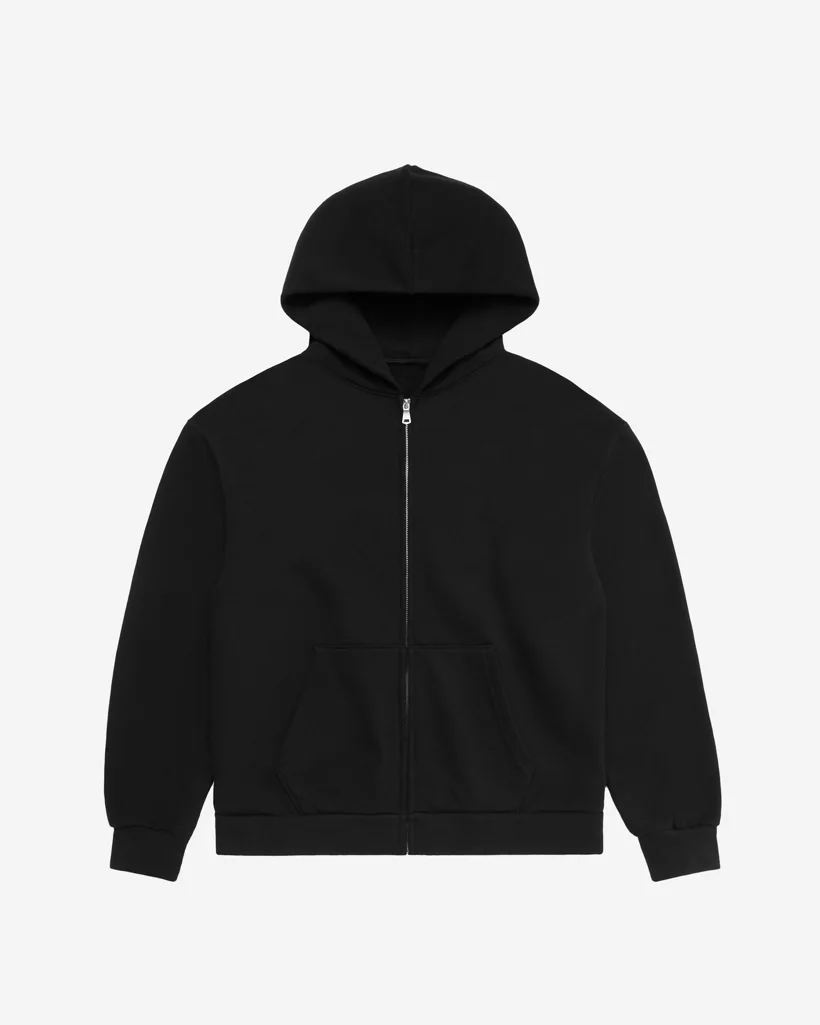 Product photo of a black zip-up hoodie on a plain background, the reference uploaded to Uwear
