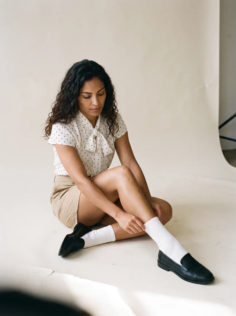Model in a polka-dot tie-neck blouse and khaki button mini skirt, white socks and black loafers seated on a bone paper studio set in soft window light, pulling up one sock, generated with Gemini 2.1 and a Uwear art direction