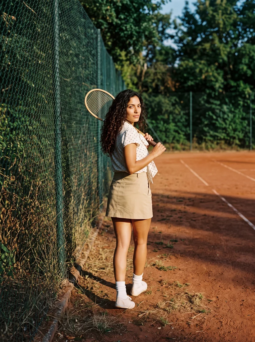 Model in a polka-dot tie-neck blouse and khaki button mini skirt, white socks and plimsolls beside the fence of a clay tennis court, a wooden racket over her shoulder and a long shadow in low sun, generated with Gemini 2.1 and a Uwear art direction