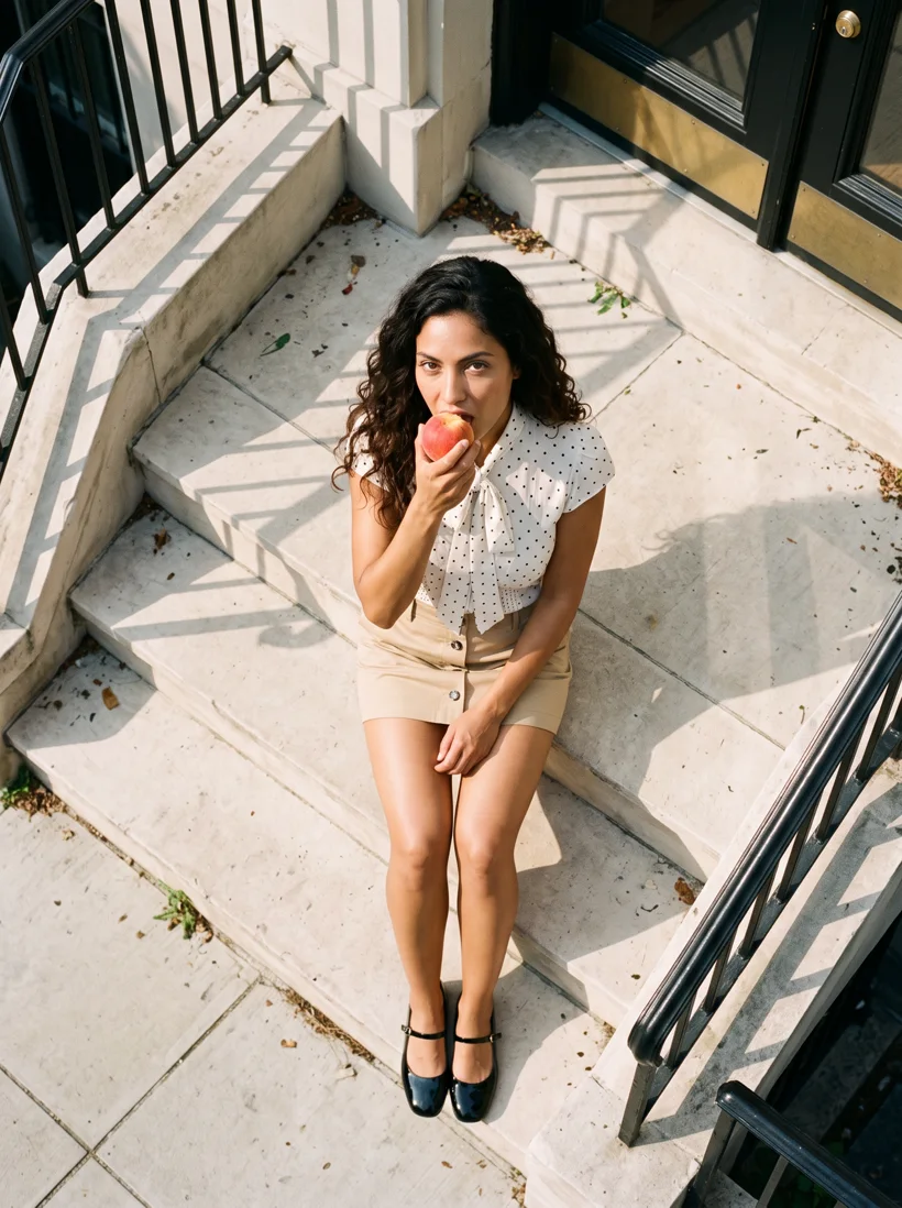 Model in a polka-dot tie-neck blouse and khaki button mini skirt and black Mary Janes seated on stone steps, biting a peach, seen steeply from above in hard afternoon sun with railing shadows, generated with Gemini 2.1 and a Uwear art direction