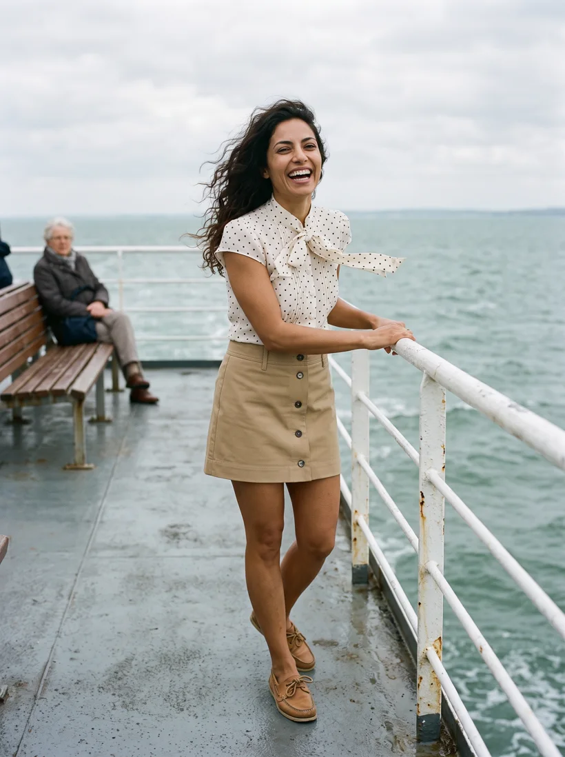 Model in a polka-dot tie-neck blouse and khaki button mini skirt and boat shoes laughing at the rail of a ferry deck in the wind, a passenger seated on a bench behind her, generated with Gemini 2.1 from the same ferry art direction