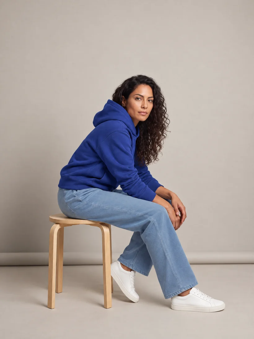 The same model seated on the same wooden stool in three-quarter view, now wearing the cobalt hoodie and light blue sweatpants, generated by a Uwear automation with GPT Image 2.5