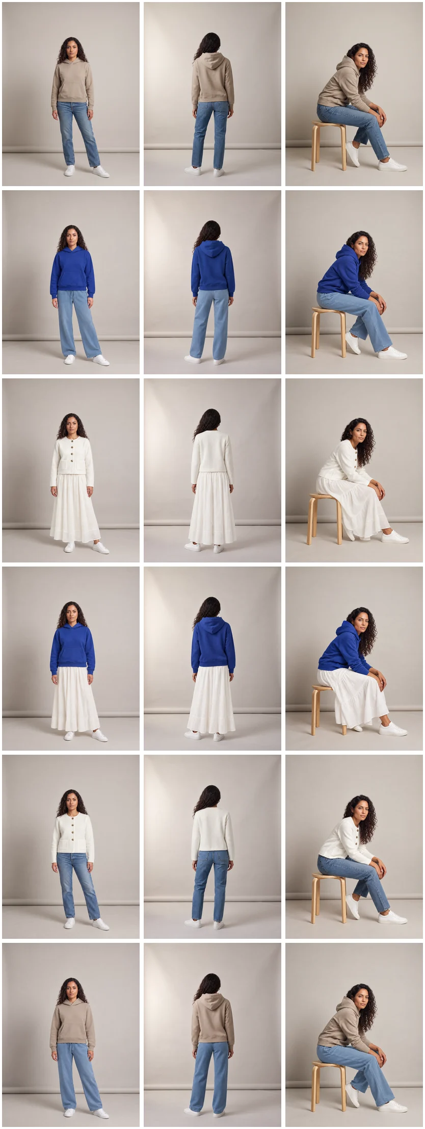 A grid of 18 photos: the original shoot in the top row, then five rows with the same model, poses and studio in five new outfits, put on by a Uwear automation with GPT Image 2.5