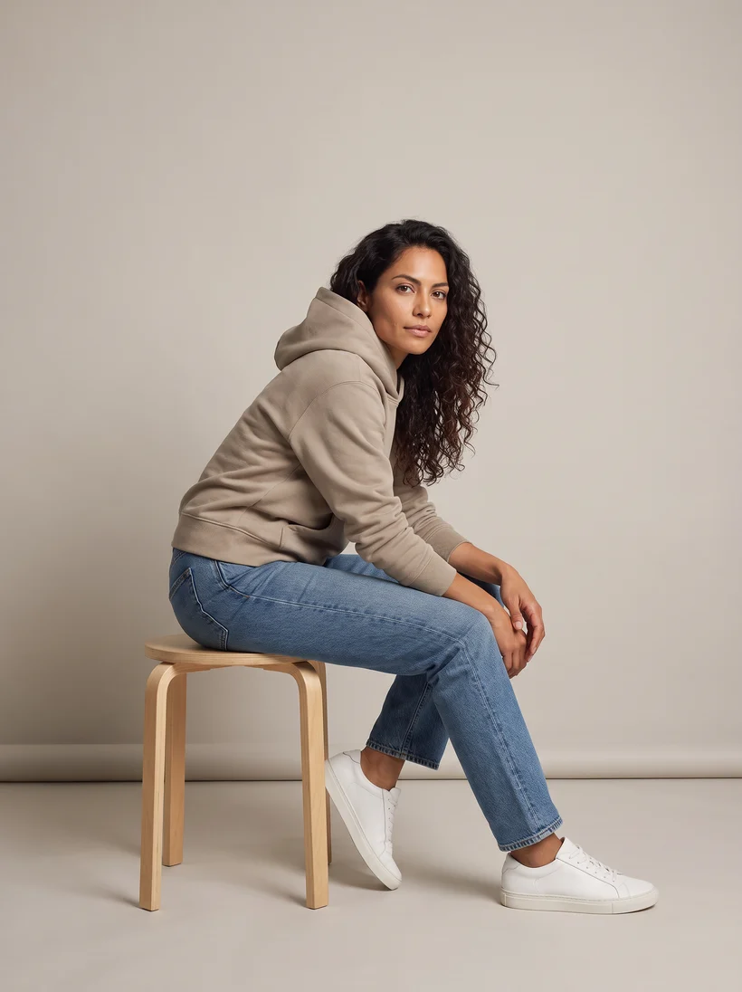 The same model seated on a light wooden stool in three-quarter view in the taupe hoodie and jeans, the side pose of the original shoot, generated with Gemini Pro