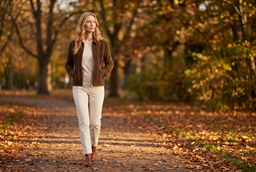 Model in a brown suede zip jacket on a park path with fallen leaves in golden light, editorial photo generated with nano-banana-pro
