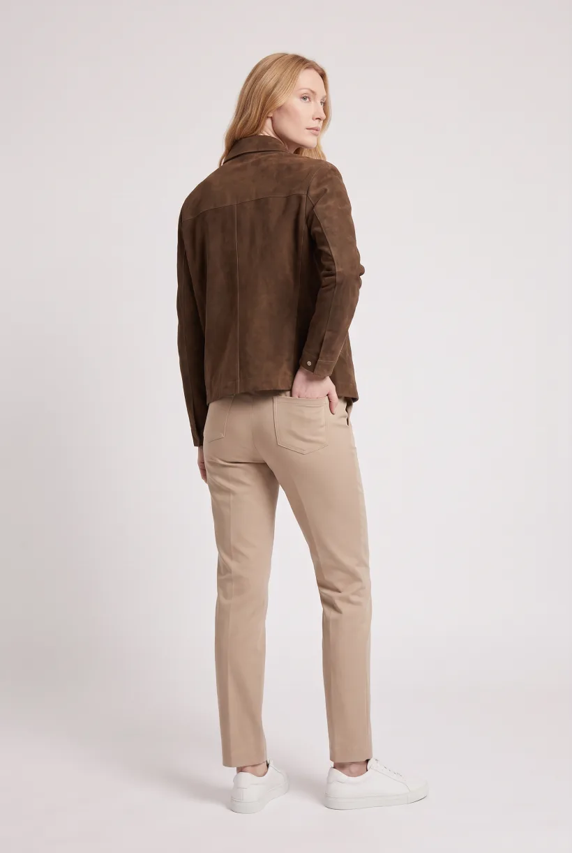 Same model and jacket, full-body back view that shows the yoke and the centre seam, camera edit made with nano-banana-pro
