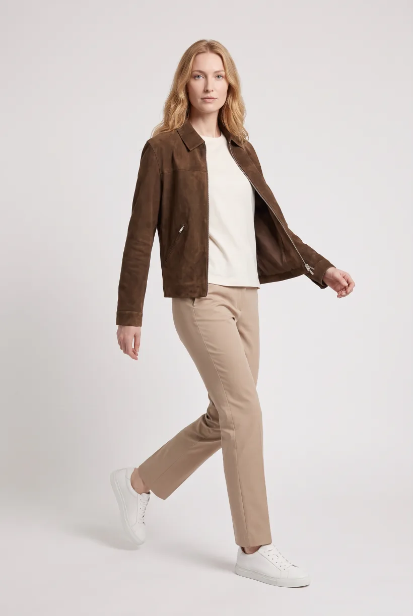 Model wearing a brown suede zip jacket, full-body front on a white studio, generated with nano-banana-pro through the Product page set template