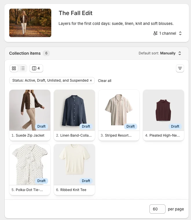 Shopify collection where one product shows a generated model photo and five products show flat photos