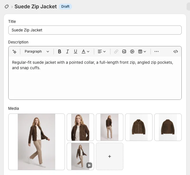 Shopify product page with three generated model photos in front of two flat photos and a video