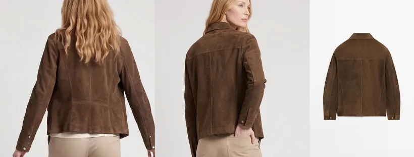 Back of a suede jacket in two video clips generated with Wan 3.0 Prime next to the real jacket: the clip that ends on the back photo matches the yoke, the centre seam and the snap cuffs