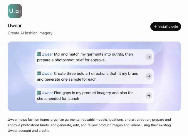The Uwear listing in the ChatGPT plugin directory: the U.ai icon, Uwear, Create AI fashion imagery, an Install plugin button, and three example prompts