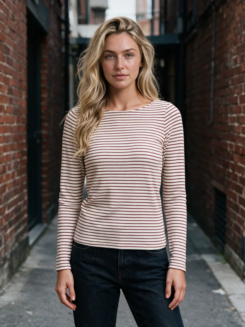 Model wearing a striped knit top in the same urban brick direction, generated by Uwear from a product photo