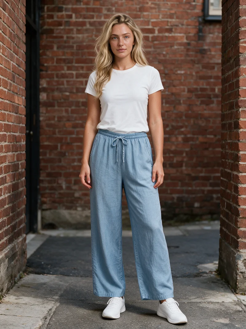 Model wearing light wide-leg pants in the same urban brick direction, generated by Uwear from a product photo