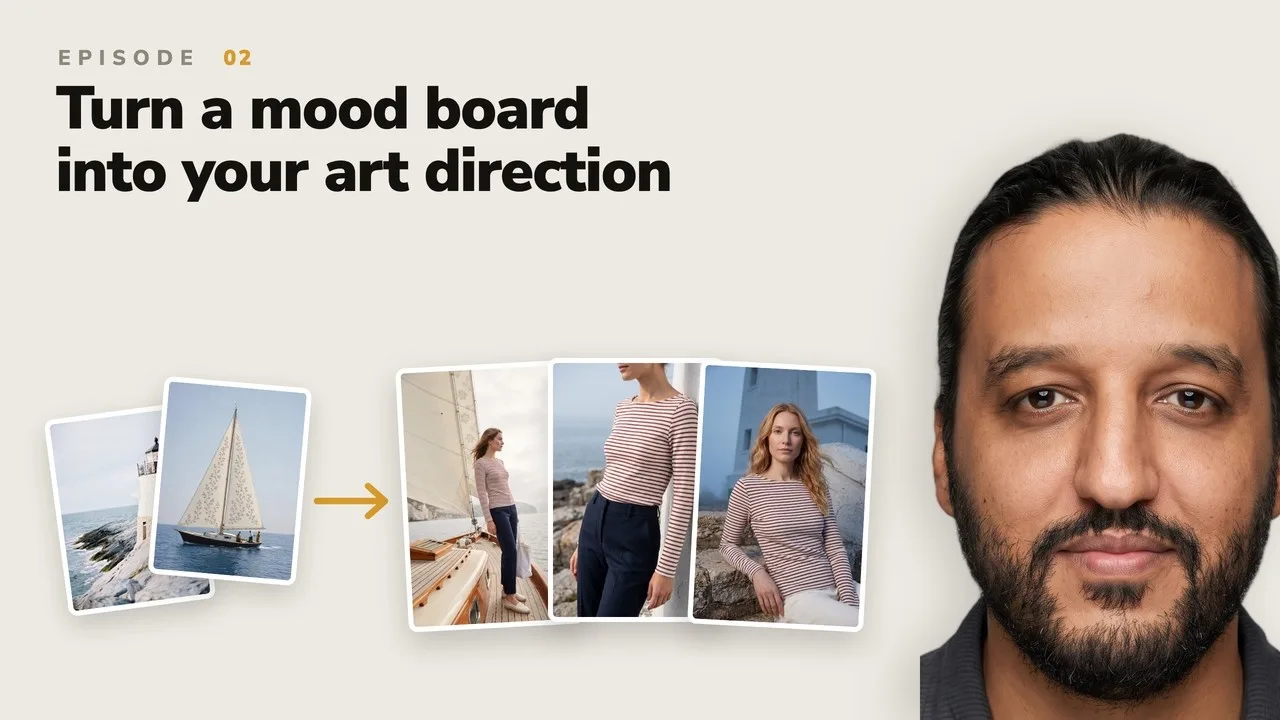 Uwear tutorial thumbnail for episode 2: two mood board photos of a lighthouse and a sailboat become three generated photos of a model in a striped top, beside the presenter