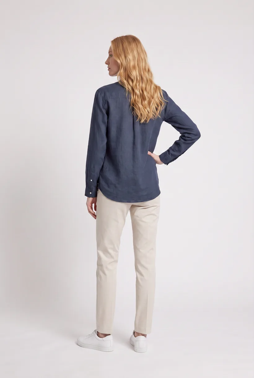 Model wearing the same linen-blend band-collar shirt, full-body back camera edit on the Pure White studio, generated with nano-banana-pro through the Product page set template