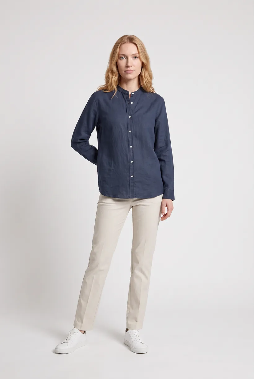 Model wearing a linen-blend band-collar shirt, full-body front on the Pure White studio, generated with nano-banana-pro through the Product page set template