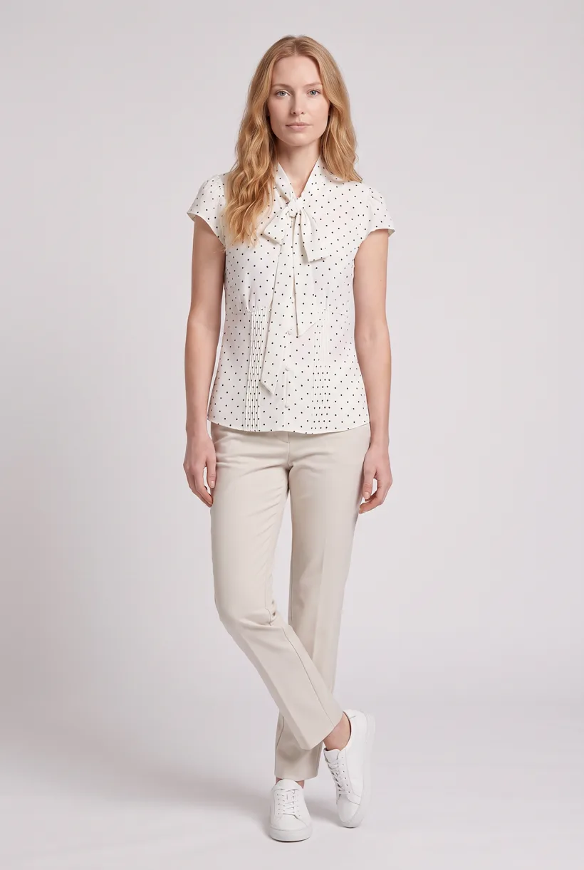 Mannequin portant une blouse à pois et col lavallière, plan de face en pied sur le studio Pure White, généré avec nano-banana-pro via le template Product page set