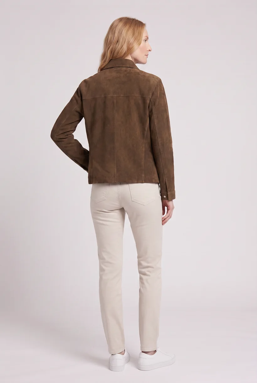 Model wearing the same suede zip jacket, full-body back camera edit on the Pure White studio, generated with nano-banana-pro through the Product page set template